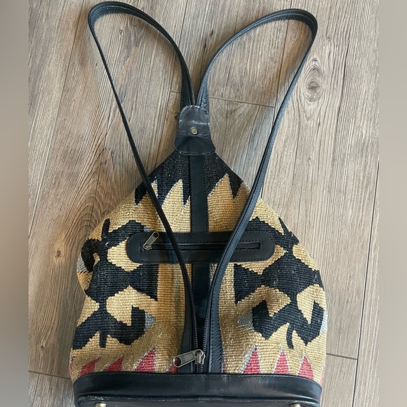 Kilim Black and Tan Tapestry Small Backpack with Black Leather Trim - Picture 2 of 16